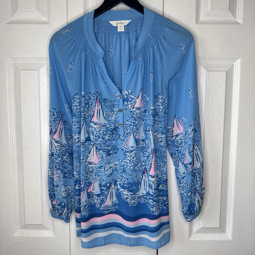 NWT Lilly Pulitzer Elsa Top Silk Lunar Blue A Lil Nauti Sailboats Sz M EUC!